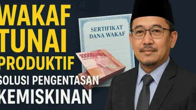 Thumbnail wakaf tunai produktif dengan gambar sertifikat wakaf, uang rupiah, dan figur profesional sebagai simbol pengelolaan dana syariah.
