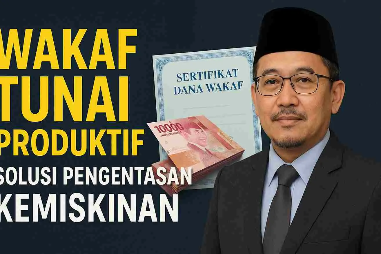 Thumbnail wakaf tunai produktif dengan gambar sertifikat wakaf, uang rupiah, dan figur profesional sebagai simbol pengelolaan dana syariah.