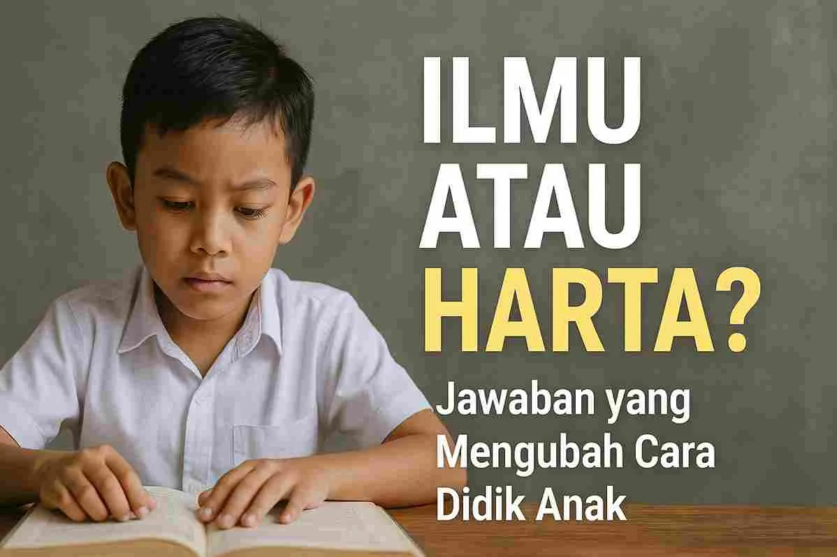 Thumbnail anak laki-laki sedang membaca buku dengan tulisan “Ilmu atau Harta? Jawaban yang Mengubah Cara Didik Anak” di sisi kanan.