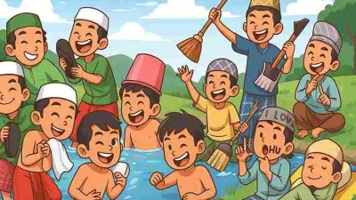 Ilustrasi santri pesantren sedang mandi bersama di sungai, bermain dengan alat kebersihan seperti sapu dan ember, serta bercanda dengan penuh tawa.