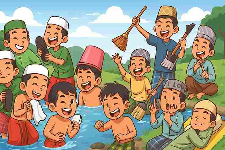 Ilustrasi santri pesantren sedang mandi bersama di sungai, bermain dengan alat kebersihan seperti sapu dan ember, serta bercanda dengan penuh tawa.