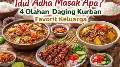 Menu Idul Adha berupa tongseng, gulai, sate sapi dan sate kambing dari daging kurban siap saji