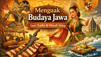 Ilustrasi budaya Jawa menampilkan wayang kulit, penari tradisional, gamelan, keris, batik, dan Candi Prambanan.