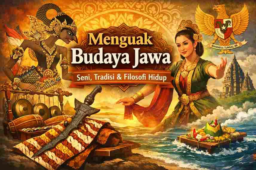Ilustrasi budaya Jawa menampilkan wayang kulit, penari tradisional, gamelan, keris, batik, dan Candi Prambanan.