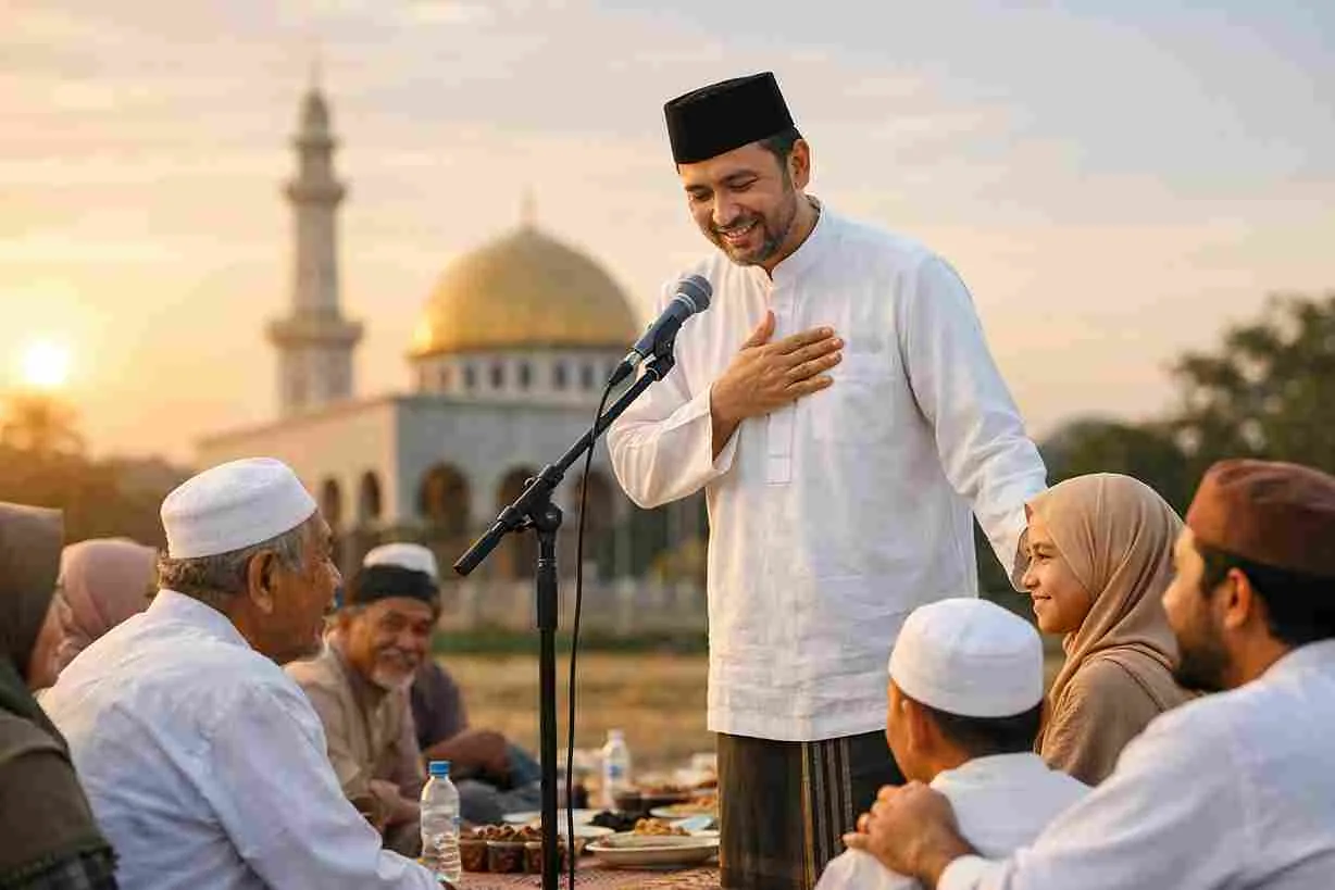 Pemimpin Muslim berbicara di hadapan masyarakat dengan latar masjid saat senja, mencerminkan kepemimpinan amanah dan melayani umat.