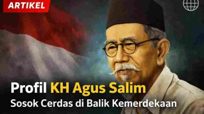Potret KH Agus Salim dengan latar bendera Indonesia sebagai tokoh cerdas pejuang kemerdekaan dan diplomat ulung.