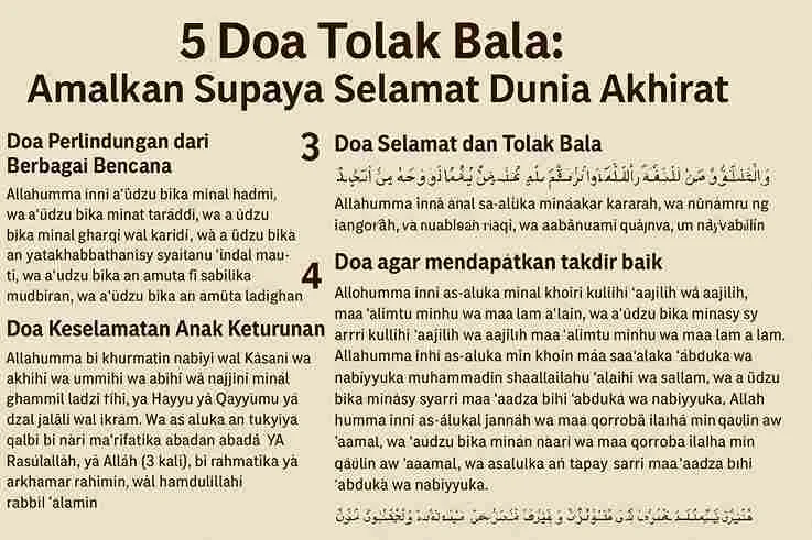 Ilustrasi islami berisi kumpulan doa tolak bala dalam tulisan Arab, latin, dan terjemahan bahasa Indonesia dengan latar kertas klasik berwarna krem.