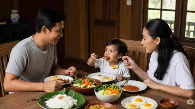 Keluarga Indonesia makan bersama, orang tua mendampingi anak kecil yang sedang belajar makan sayur dan telur.