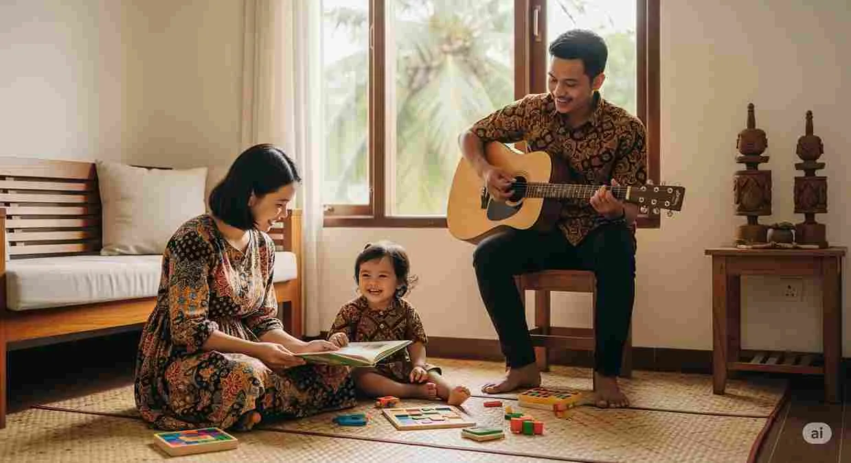 Keluarga Indonesia mendidik anak dengan membaca buku, bermain, dan musik di ruang tamu bernuansa tradisional.