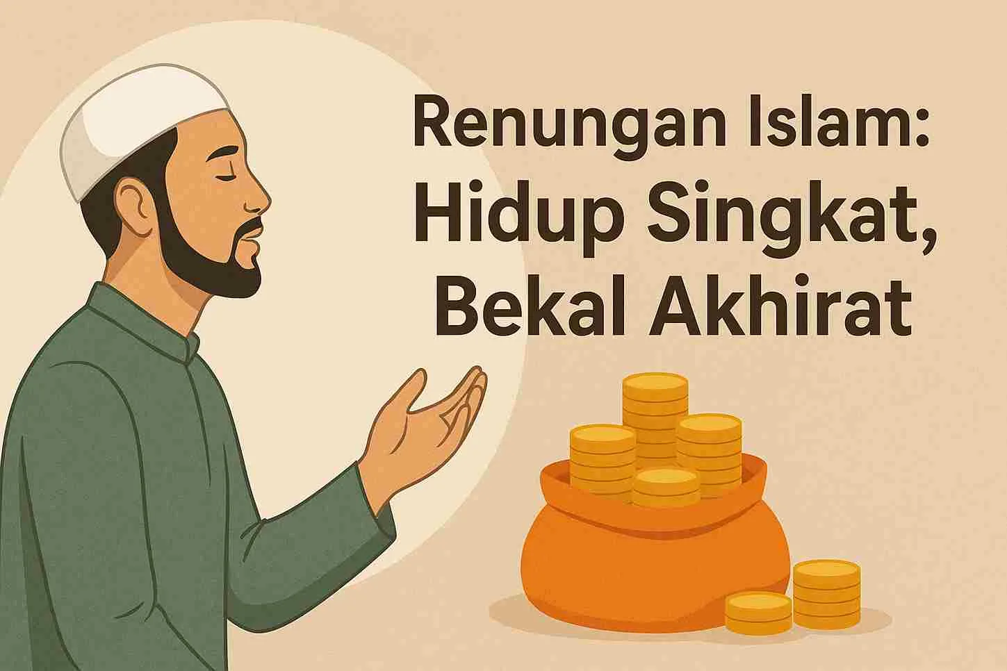 Ilustrasi seorang muslim sedang berdoa dengan latar tulisan “Renungan Islam: Hidup Singkat, Bekal Akhirat” sebagai pengingat pentingnya amal saleh.