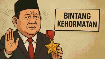 Karikatur politik Presiden Prabowo mengenakan seragam resmi sambil menyematkan bintang kehormatan kepada tokoh elite, dengan rakyat kecil menatap penuh tanda tanya.