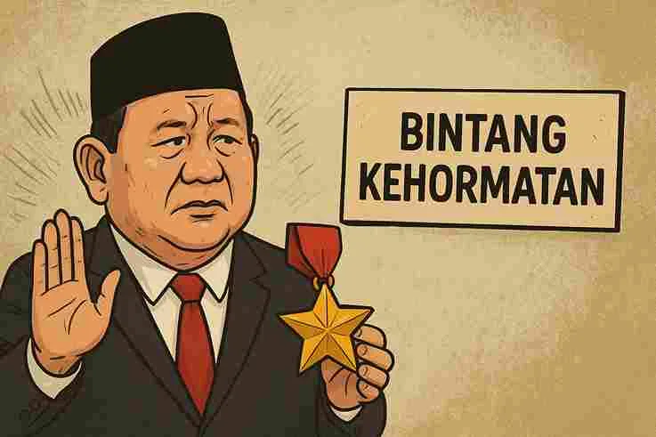 Karikatur politik Presiden Prabowo mengenakan seragam resmi sambil menyematkan bintang kehormatan kepada tokoh elite, dengan rakyat kecil menatap penuh tanda tanya.