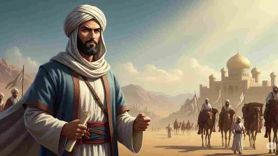 Ilustrasi Abdullah bin Hudzafah, sahabat Nabi ﷺ, membawa surat kenabian untuk raja Persia dengan latar rombongan kafilah dan istana bergaya Timur Tengah.