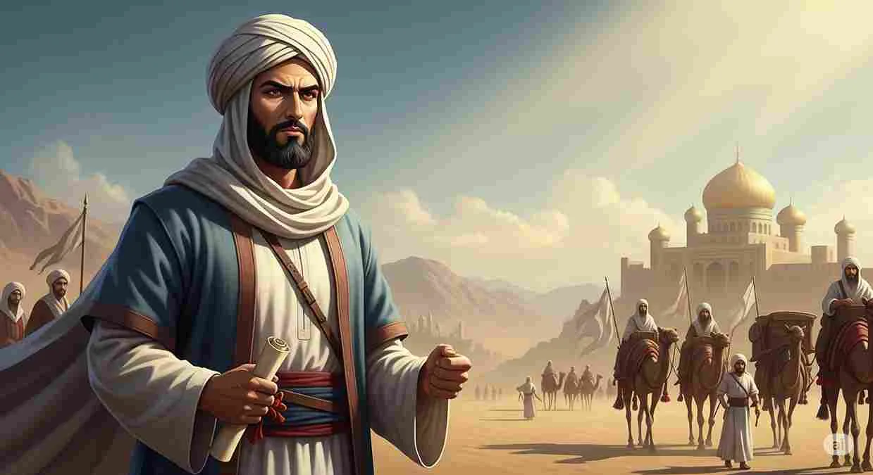 Ilustrasi Abdullah bin Hudzafah, sahabat Nabi ﷺ, membawa surat kenabian untuk raja Persia dengan latar rombongan kafilah dan istana bergaya Timur Tengah.