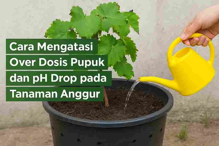 Tanaman anggur dalam pot sedang disiram menggunakan penyiram berwarna kuning untuk mengatasi overdosis pupuk dan pH tanah yang drop.