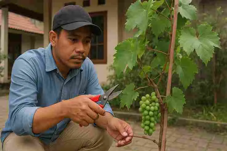 Seorang pria Indonesia sedang memangkas tanaman anggur di depan rumah dengan gunting kebun.