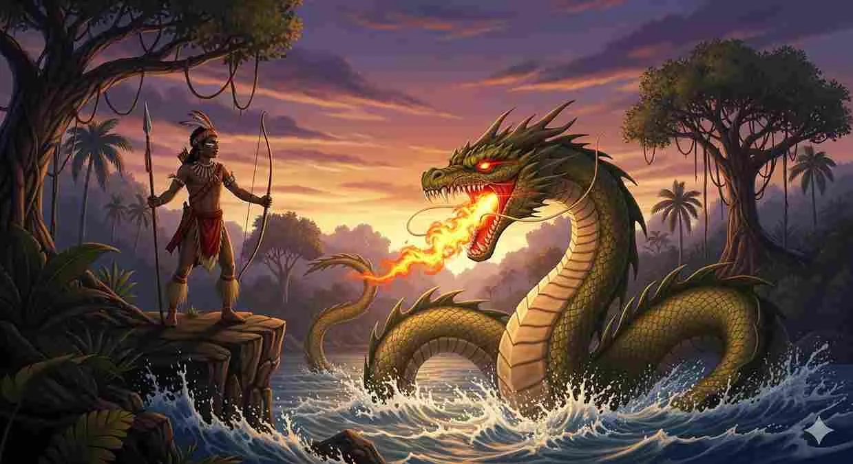 “Ilustrasi Biwar pemuda Papua melawan naga raksasa di tepi sungai, cerita rakyat Papua Biwar Sang Penakluk Naga.”