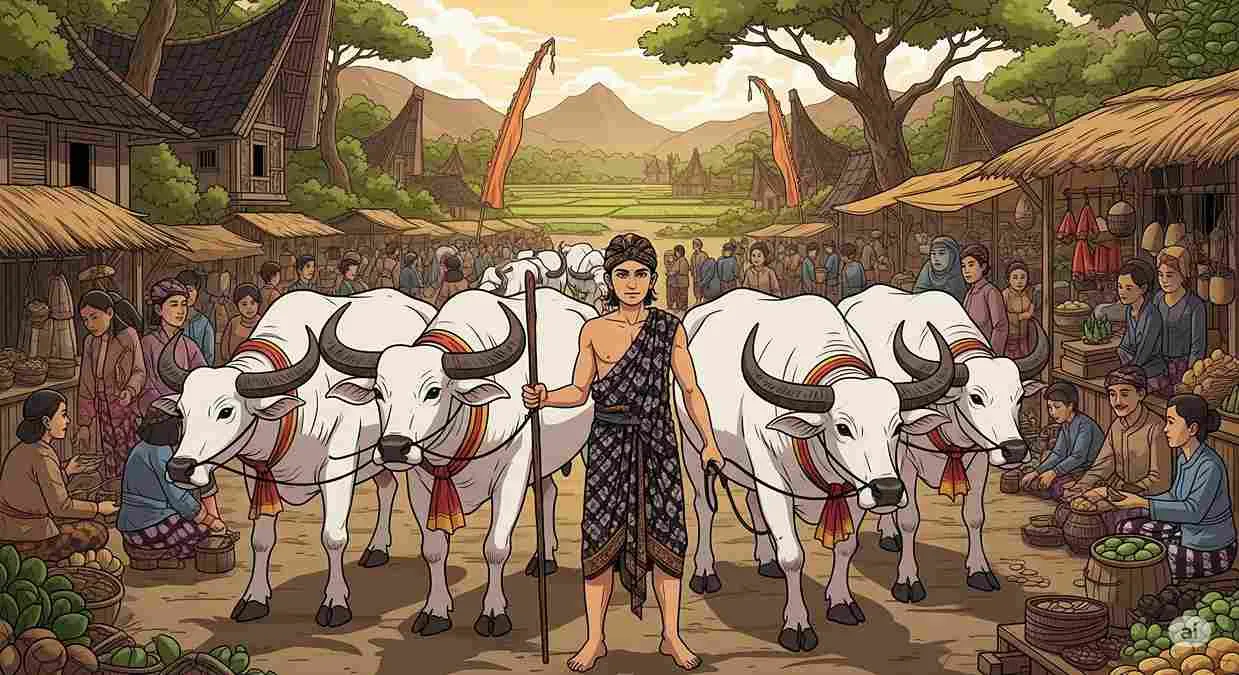 Ilustrasi legenda Rangga Gading dari Jawa Barat, seorang pemuda sakti menuntun lima kerbau putih bertanduk terbalik di pasar desa Sunda tempo dulu.