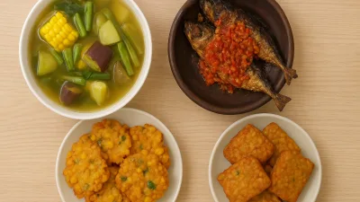 Hidangan tradisional Indonesia berisi sayur asem, sambal ikan panggang, bakwan jagung, dan tempe goreng daun jati di atas meja kayu.