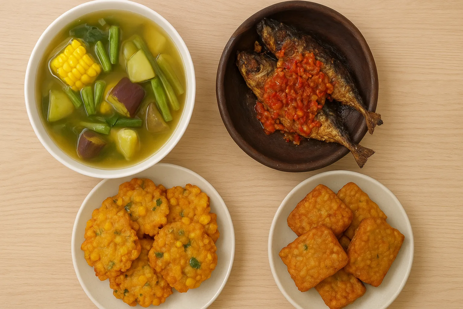 Hidangan tradisional Indonesia berisi sayur asem, sambal ikan panggang, bakwan jagung, dan tempe goreng daun jati di atas meja kayu.