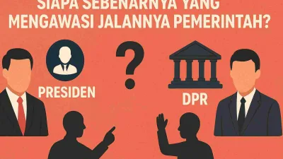 Ilustrasi politik Indonesia memperlihatkan presiden dan DPR dengan tanda tanya besar di tengah, menggambarkan pertanyaan siapa yang benar-benar mengawasi jalannya pemerintah.