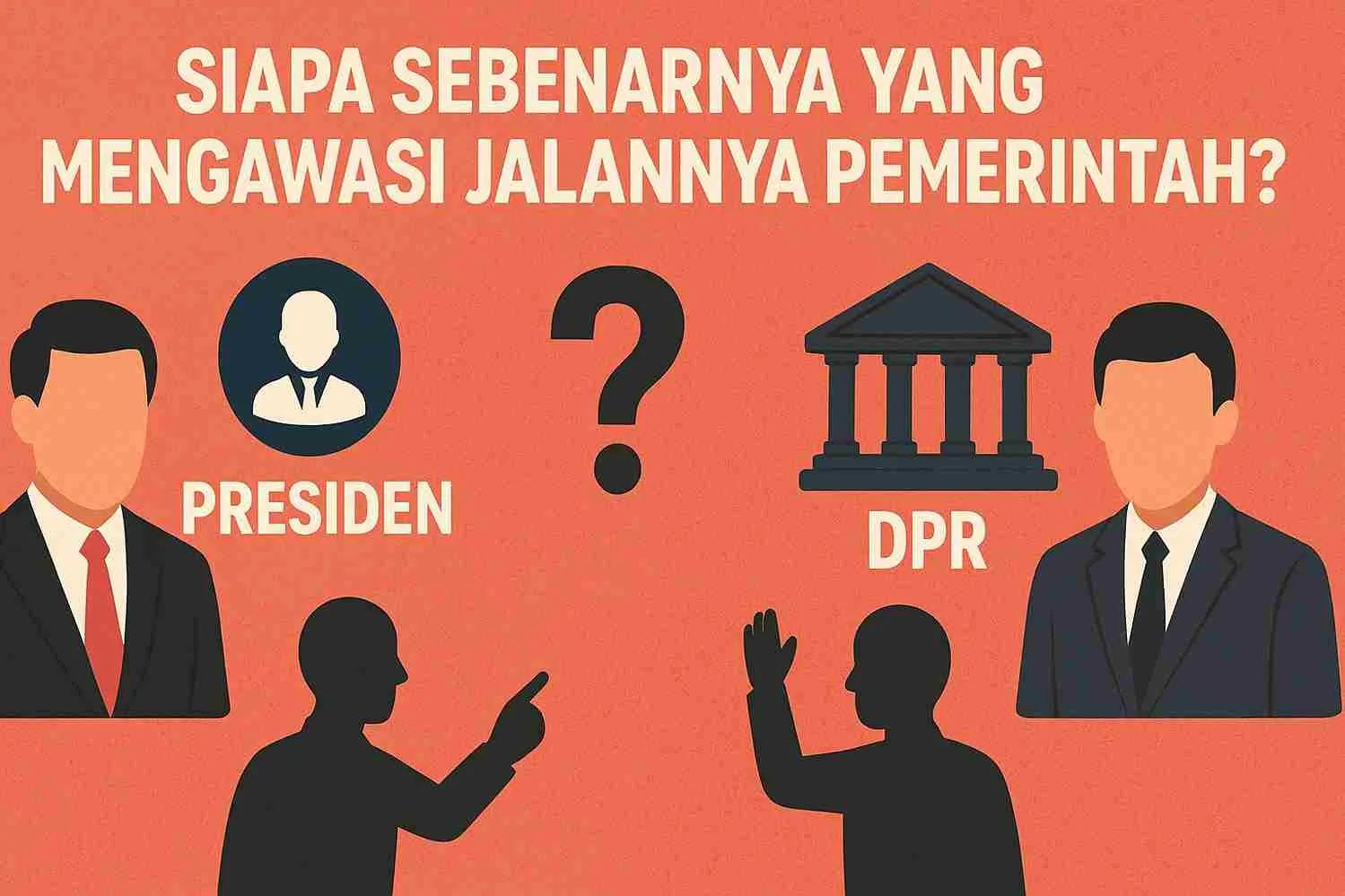 Ilustrasi politik Indonesia memperlihatkan presiden dan DPR dengan tanda tanya besar di tengah, menggambarkan pertanyaan siapa yang benar-benar mengawasi jalannya pemerintah.