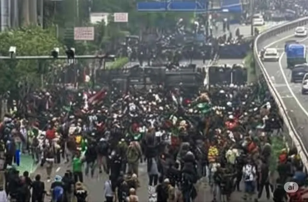 Ribuan massa memenuhi jalan di depan gedung DPR/MPR RI saat demo 25 Agustus, berhadapan dengan aparat kepolisian.