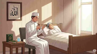 Ilustrasi seorang muslim berdoa di samping orang sakit yang berbaring di tempat tidur dengan nuansa islami.