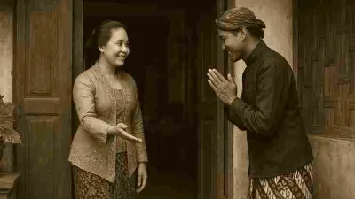 Seorang wanita Jawa tempo dulu mengenakan kebaya menyambut tamu pria berblangkon dengan salam hormat di depan rumah tradisional.