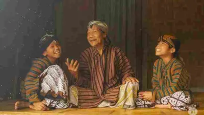 Seorang sesepuh Jawa memberi nasihat bijak kepada dua anak kecil dengan pakaian adat tradisional Jawa.