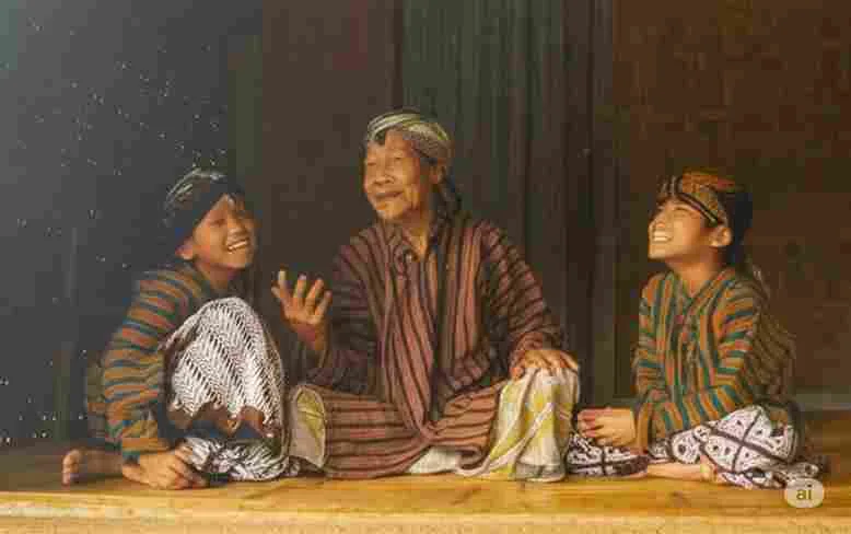Seorang sesepuh Jawa memberi nasihat bijak kepada dua anak kecil dengan pakaian adat tradisional Jawa.