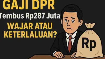 Ilustrasi kartun anggota DPR duduk dengan wajah bingung di samping karung uang bertuliskan Rp, disertai teks “Gaji DPR Tembus Rp287 Juta, Wajar atau Keterlaluan?”.