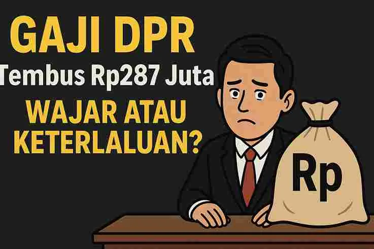 Ilustrasi kartun anggota DPR duduk dengan wajah bingung di samping karung uang bertuliskan Rp, disertai teks “Gaji DPR Tembus Rp287 Juta, Wajar atau Keterlaluan?”.