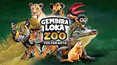 Logo Gembira Loka Zoo Yogyakarta dengan ilustrasi satwa seperti singa, harimau, buaya, orangutan, dan burung, ikon wisata edukasi dan rekreasi keluarga di Jogja