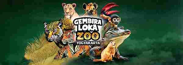 Logo Gembira Loka Zoo Yogyakarta dengan ilustrasi satwa seperti singa, harimau, buaya, orangutan, dan burung, ikon wisata edukasi dan rekreasi keluarga di Jogja