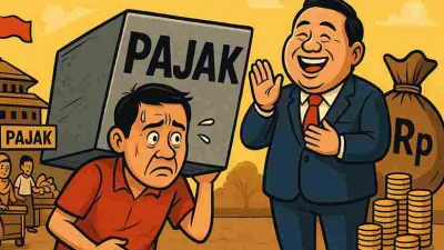 Karikatur politik rakyat kecil memikul beban pajak berat sementara pejabat tersenyum dengan uang melimpah di latar pasar.