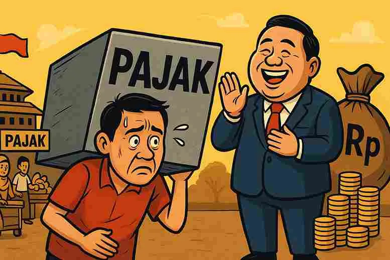 Karikatur politik rakyat kecil memikul beban pajak berat sementara pejabat tersenyum dengan uang melimpah di latar pasar.