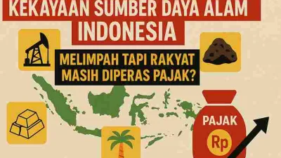 Infografis kekayaan sumber daya alam Indonesia seperti minyak, batubara, emas, dan sawit, namun rakyat masih terbebani pajak.