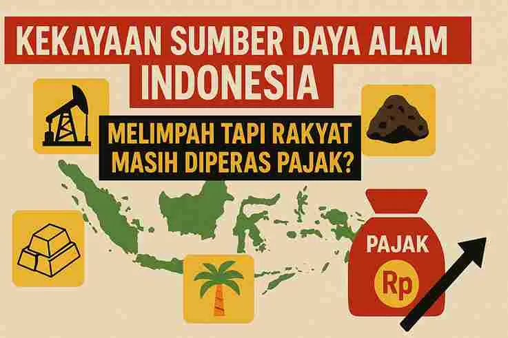 Infografis kekayaan sumber daya alam Indonesia seperti minyak, batubara, emas, dan sawit, namun rakyat masih terbebani pajak.