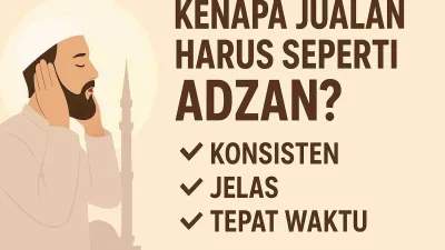 Ilustrasi seorang muadzin sedang mengumandangkan adzan dengan latar masjid, disertai teks motivasi tentang prinsip jualan: konsisten, jelas, dan tepat waktu.