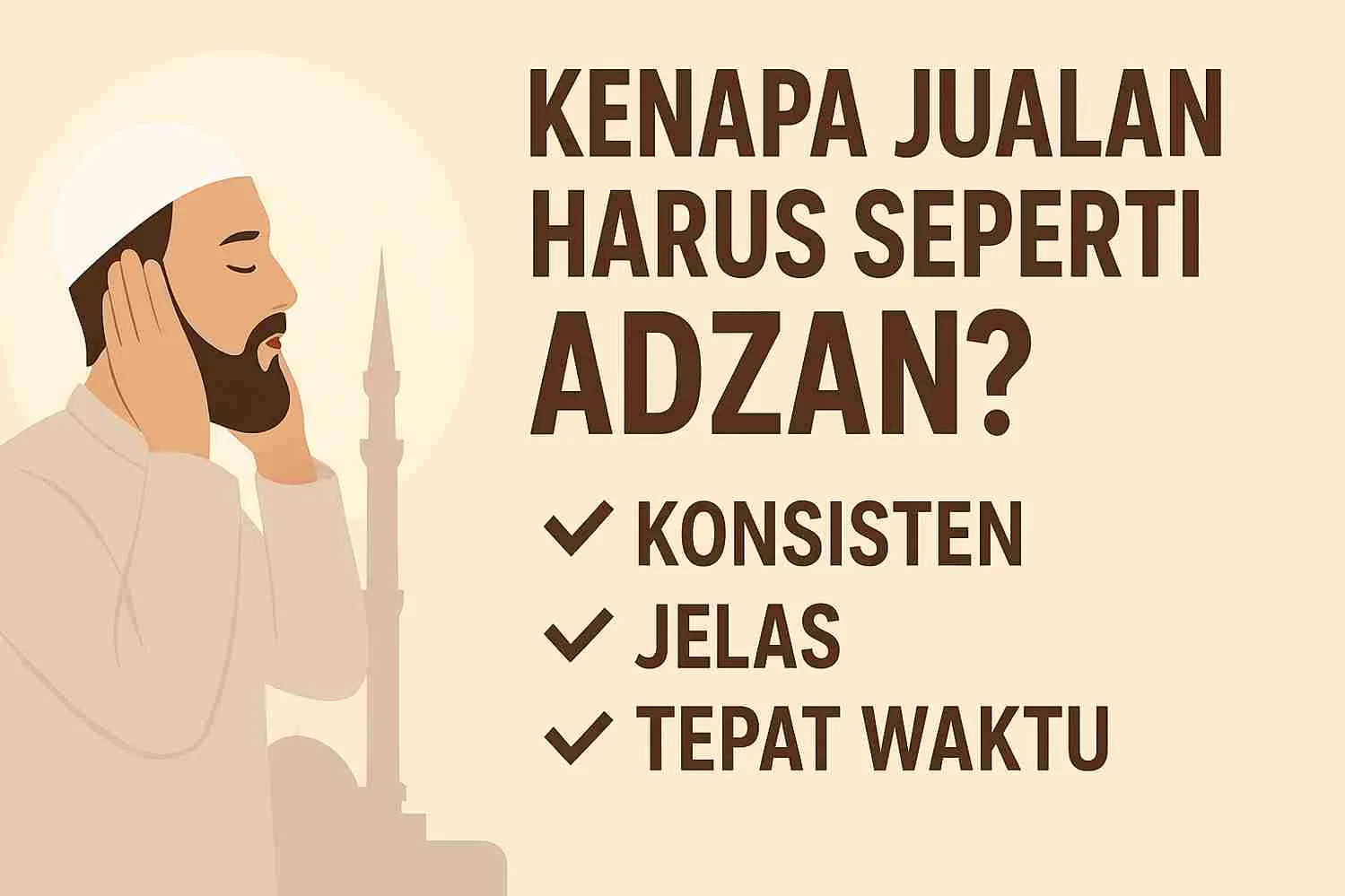 Ilustrasi seorang muadzin sedang mengumandangkan adzan dengan latar masjid, disertai teks motivasi tentang prinsip jualan: konsisten, jelas, dan tepat waktu.