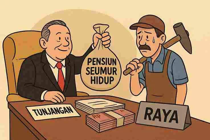 Karikatur DPR menerima pensiun seumur hidup sementara rakyat pekerja hanya bisa menatap dengan lelah.