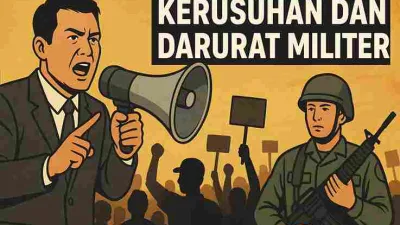 Karikatur politik kerusuhan dan darurat militer, menampilkan seorang orator dengan megafon dan tentara bersenjata di hadapan massa demonstran.