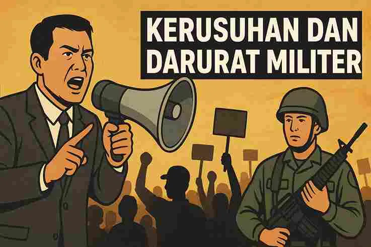 Karikatur politik kerusuhan dan darurat militer, menampilkan seorang orator dengan megafon dan tentara bersenjata di hadapan massa demonstran.