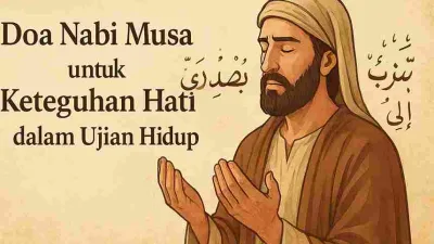 Ilustrasi Nabi Musa berdoa memohon keteguhan hati dan kemudahan urusan, sesuai doa dalam QS. Thaha ayat 25–28.