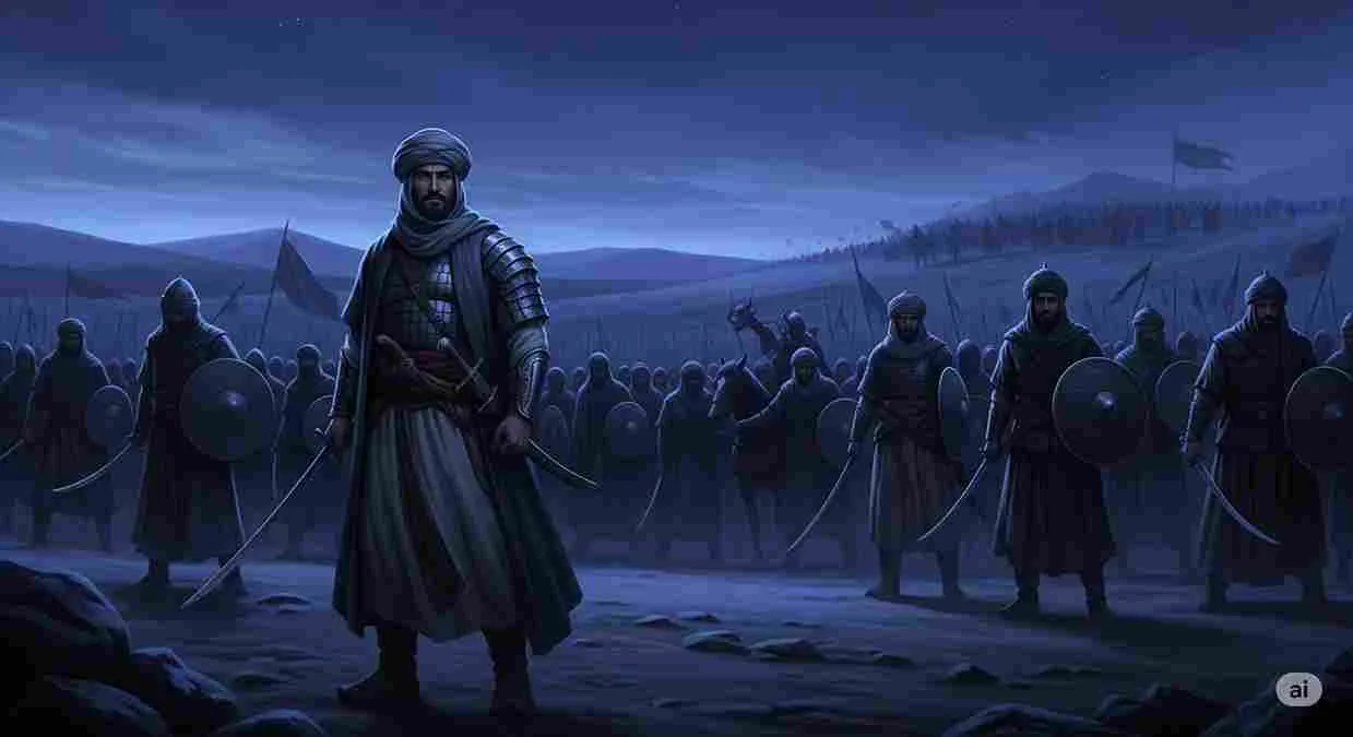 Ilustrasi pasukan Muslim yang dipimpin Amru bin Ash di padang pasir pada malam hari, menggambarkan kisah ketaatan kepada Rasulullah ﷺ dan pemimpin.