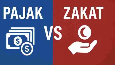 Ilustrasi perbandingan pajak dan zakat dengan latar biru dan merah, menampilkan simbol uang untuk pajak dan tangan memberi koin bercorak bulan sabit untuk zakat.