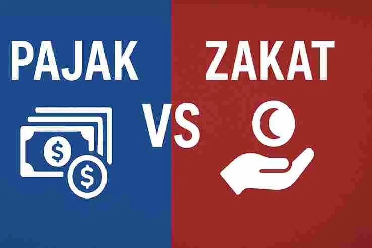 Ilustrasi perbandingan pajak dan zakat dengan latar biru dan merah, menampilkan simbol uang untuk pajak dan tangan memberi koin bercorak bulan sabit untuk zakat.
