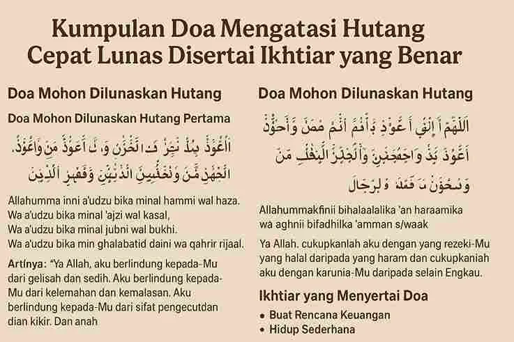 Infografis doa mengatasi hutang dalam Islam beserta bacaan Arab, latin, terjemahan, dan ikhtiar praktis seperti rencana keuangan, hidup sederhana, komunikasi, serta menambah penghasilan. Tampilan dengan latar krem dan teks cokelat gelap ukuran 16:9