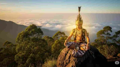 Ilustrasi Arjuna sedang bertapa di puncak Gunung Arjuna, duduk bersila dengan pakaian khas pewayangan Jawa di tengah panorama pegunungan Jawa Timur.